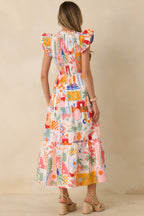 Women's Where the Sun Goes Orange & Pink Multi Cotton V-Neck Flutter Sleeve Maxi Dress | 100% Cotton 6