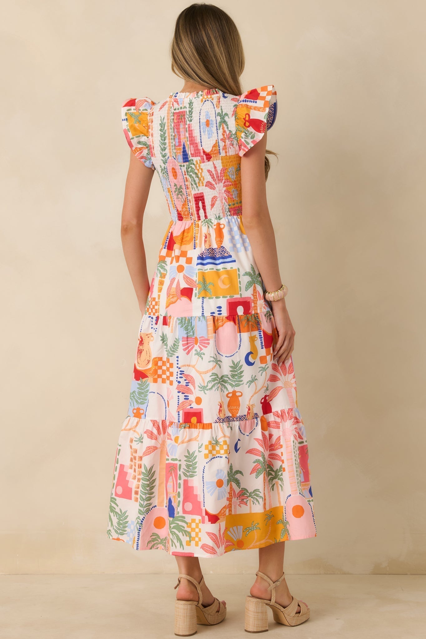 Women's Where the Sun Goes Orange & Pink Multi Cotton V-Neck Flutter Sleeve Maxi Dress | 100% Cotton 6