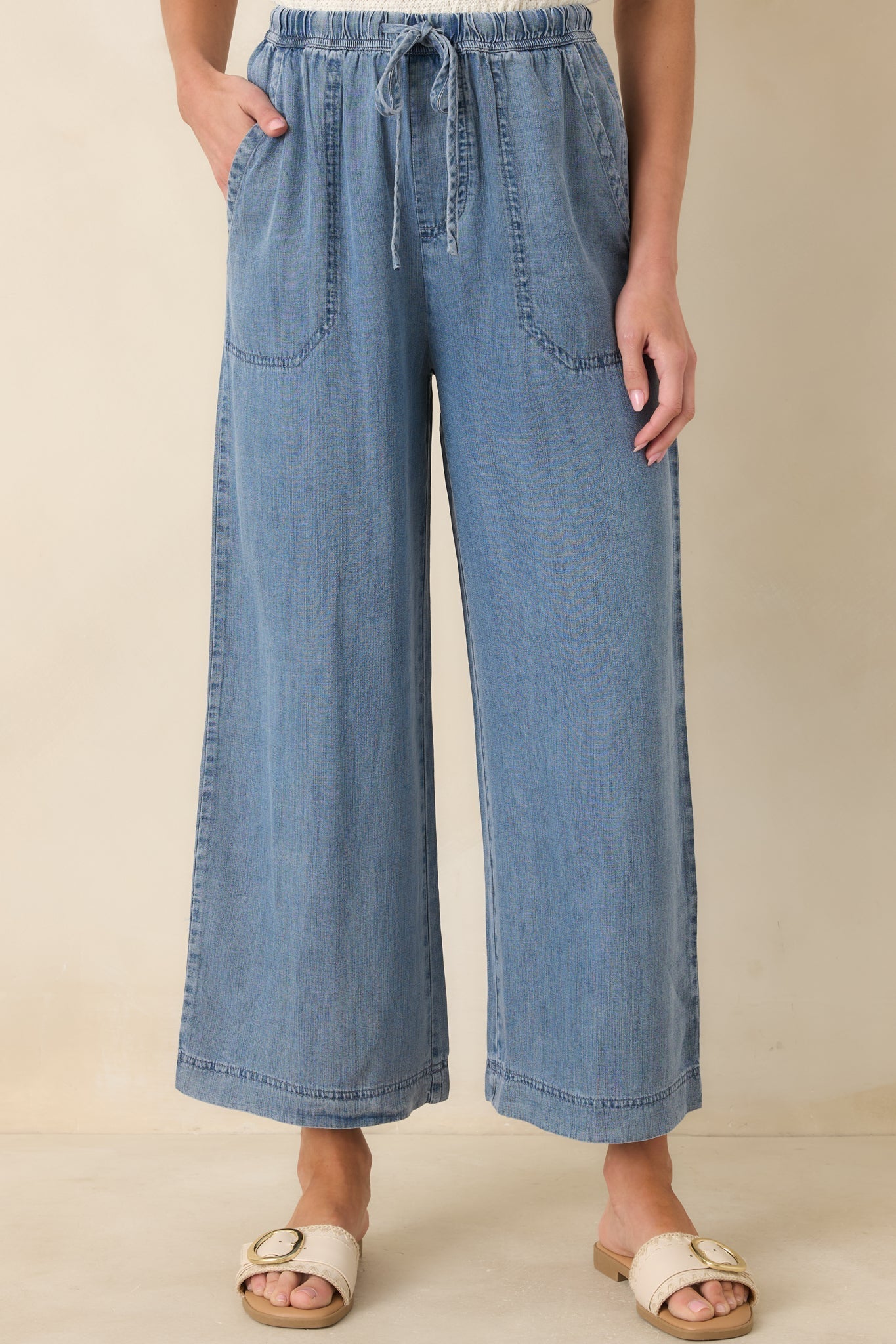 Women's Wherever You’re Going Medium Wash Denim Wide Leg Drawstring Pants | 100% Lyocell 0