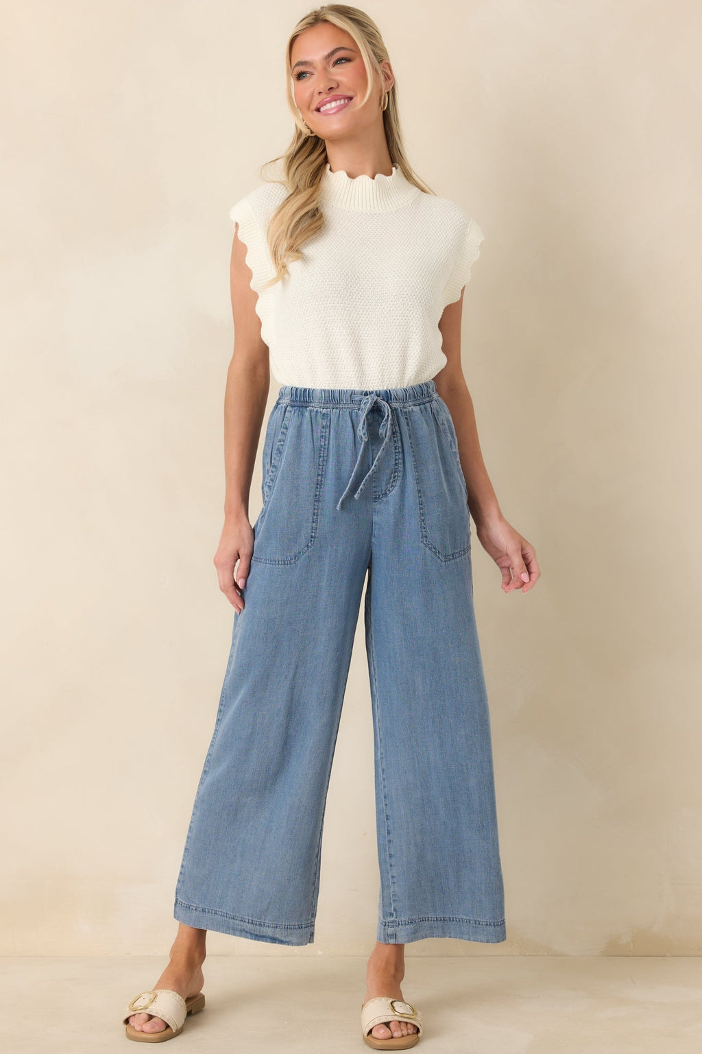 Women's Wherever You’re Going Medium Wash Denim Wide Leg Drawstring Pants | 100% Lyocell 1
