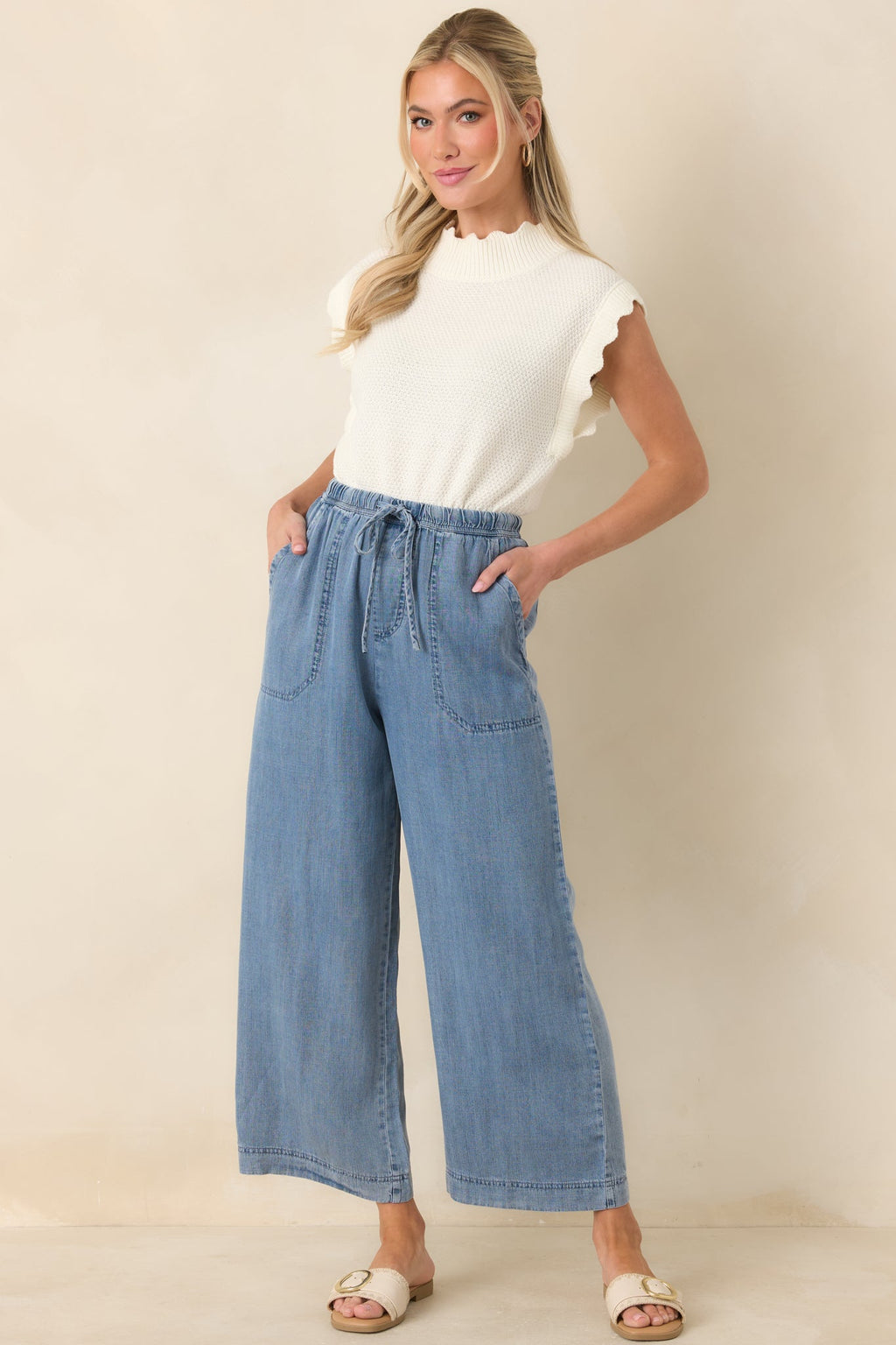 Women's Wherever You’re Going Medium Wash Denim Wide Leg Drawstring Pants | 100% Lyocell 2