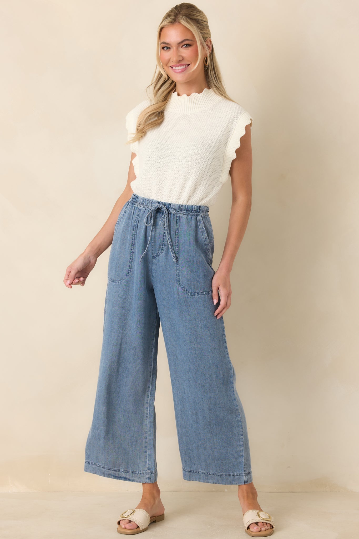 Women's Wherever You’re Going Medium Wash Denim Wide Leg Drawstring Pants | 100% Lyocell 4