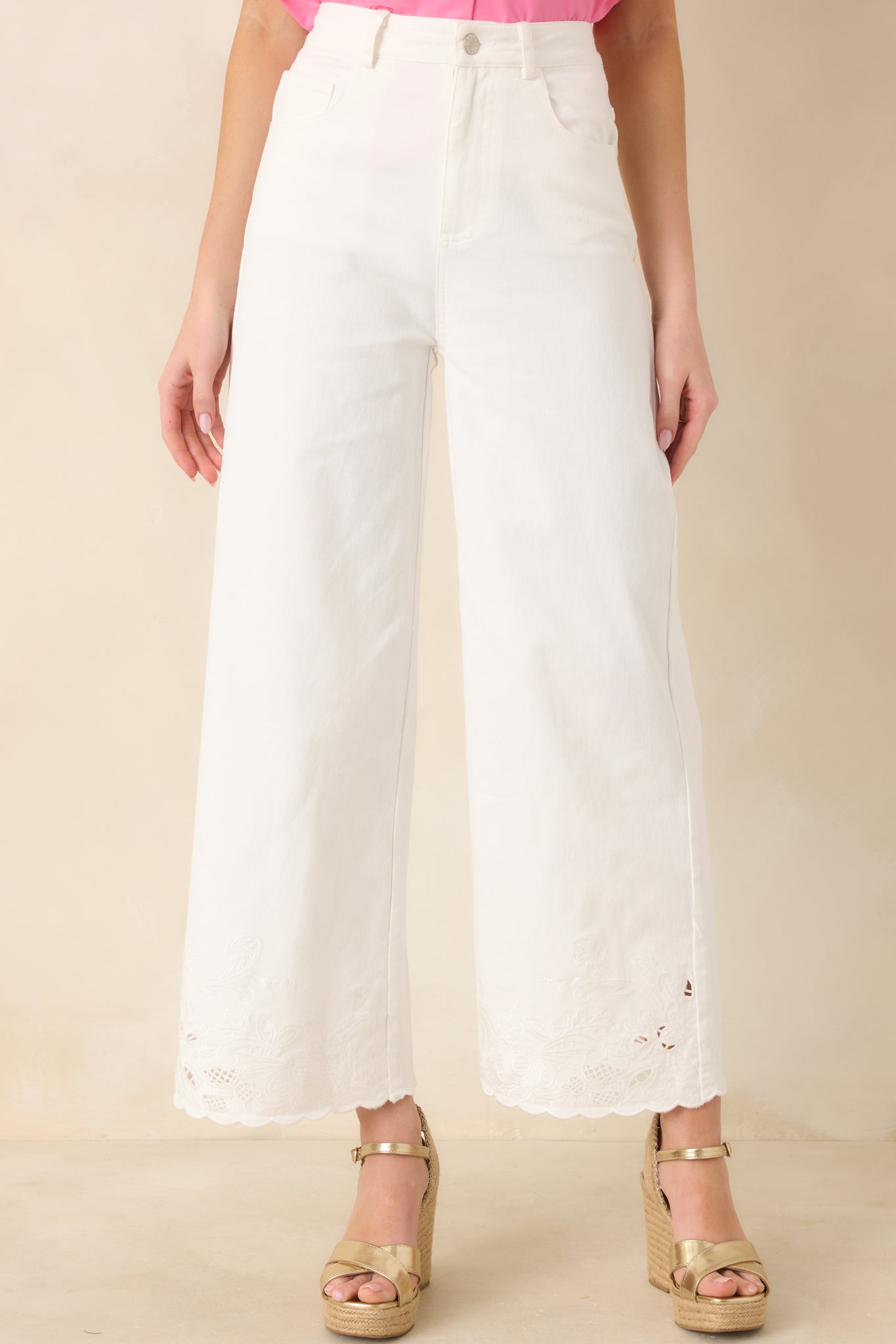 Women's Whispers of Elegance Ivory Embroidered Lace Trim Cotton Pants | 97% Cotton & 3% Spandex 0