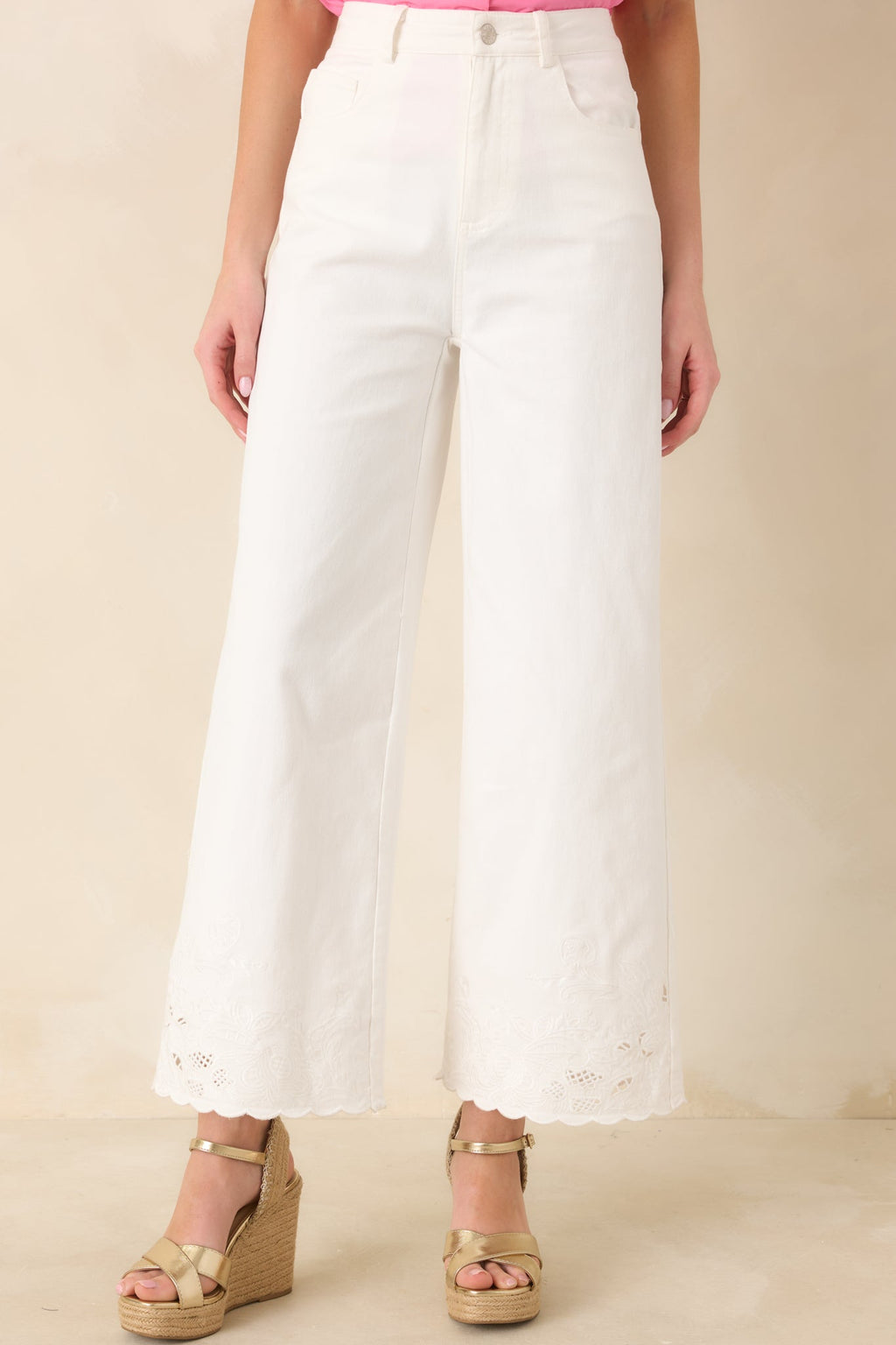 Women's Whispers of Elegance Ivory Embroidered Lace Trim Cotton Pants | 97% Cotton & 3% Spandex 3