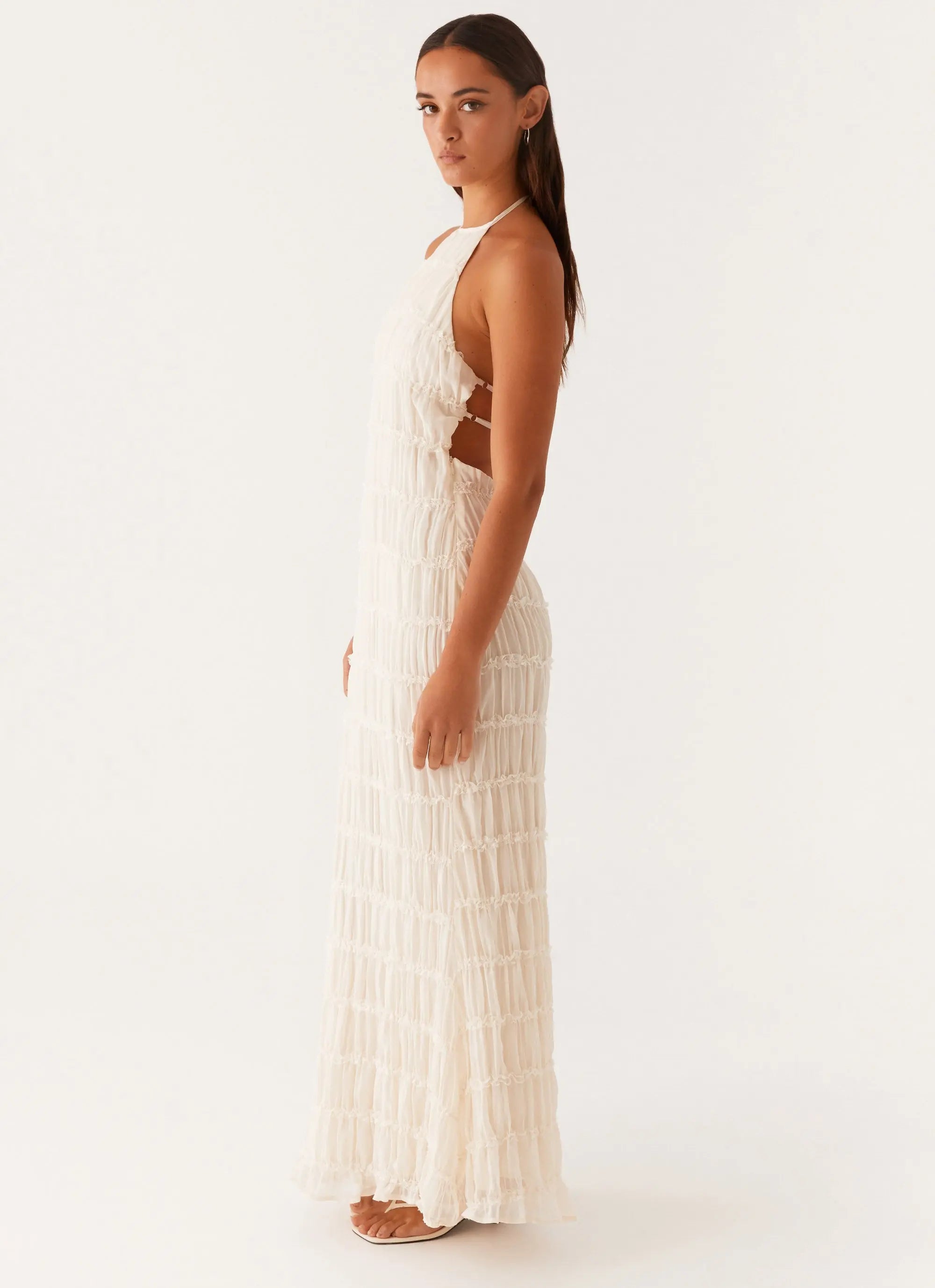 Women's White Maxi Dress with Halter Neckline & Lace Detailing | Chic Long Dress for Effortless Sophistication - Women's 3