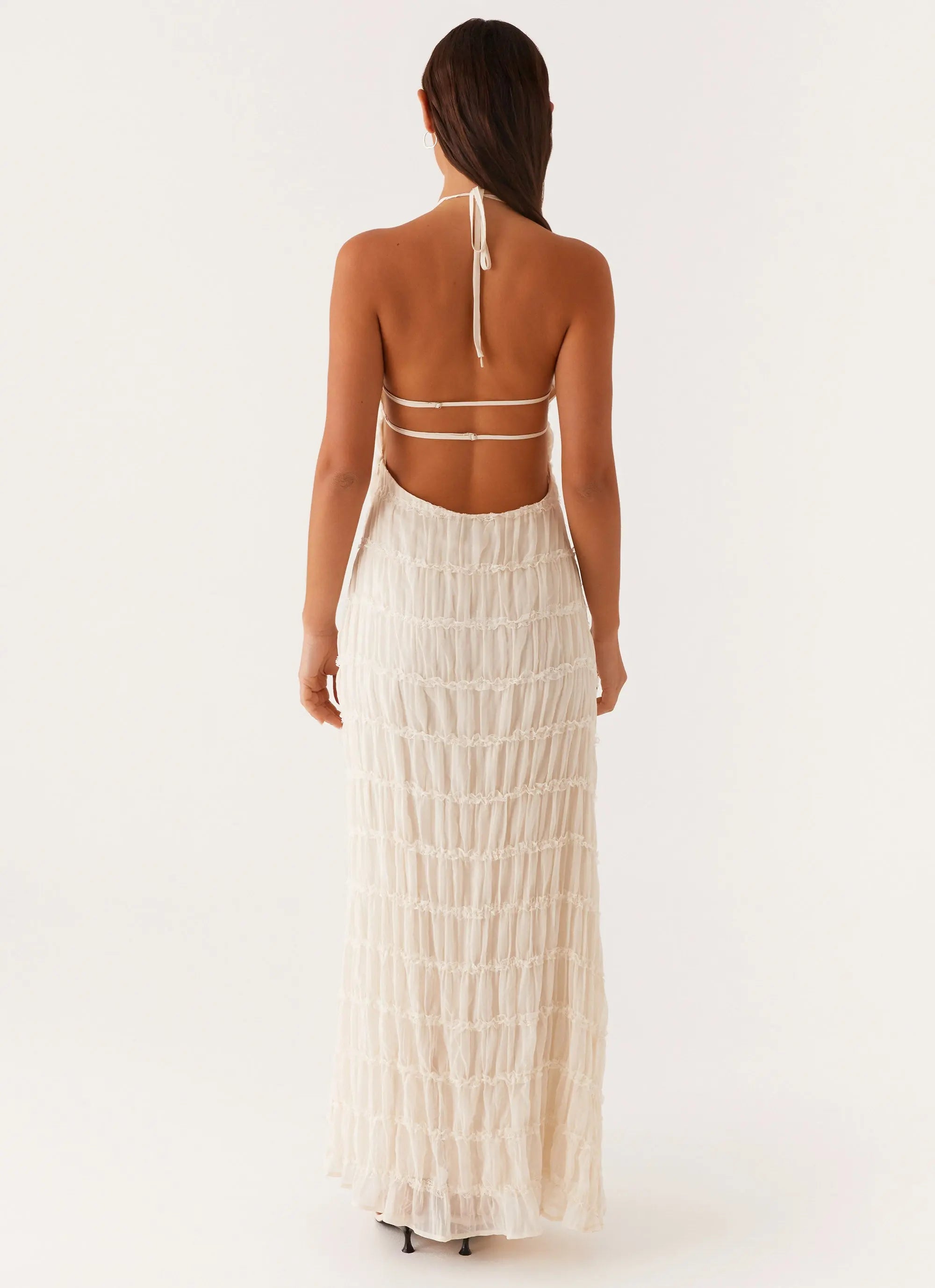 Women's White Maxi Dress with Halter Neckline & Lace Detailing | Chic Long Dress for Effortless Sophistication - Women's 4