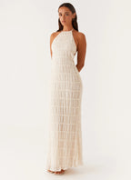 Women's White Maxi Dress with Halter Neckline & Lace Detailing | Chic Long Dress for Effortless Sophistication - Women's 5