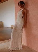 Women's White Maxi Dress with Halter Neckline & Lace Detailing | Chic Long Dress for Effortless Sophistication - Women's 6