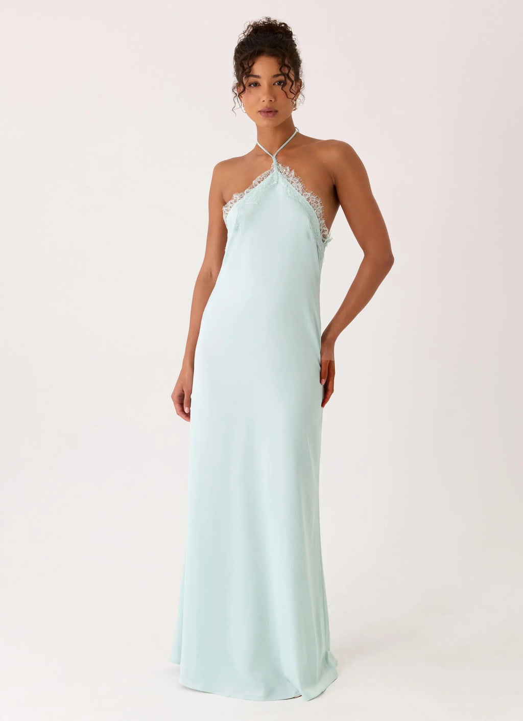 Women's White Maxi Dress with Lace Trim & Halter Neckline | Flattering Long Dress for Effortless Style - Women's | Halte 0
