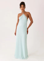 Women's White Maxi Dress with Lace Trim & Halter Neckline | Flattering Long Dress for Effortless Style - Women's | Halte 0