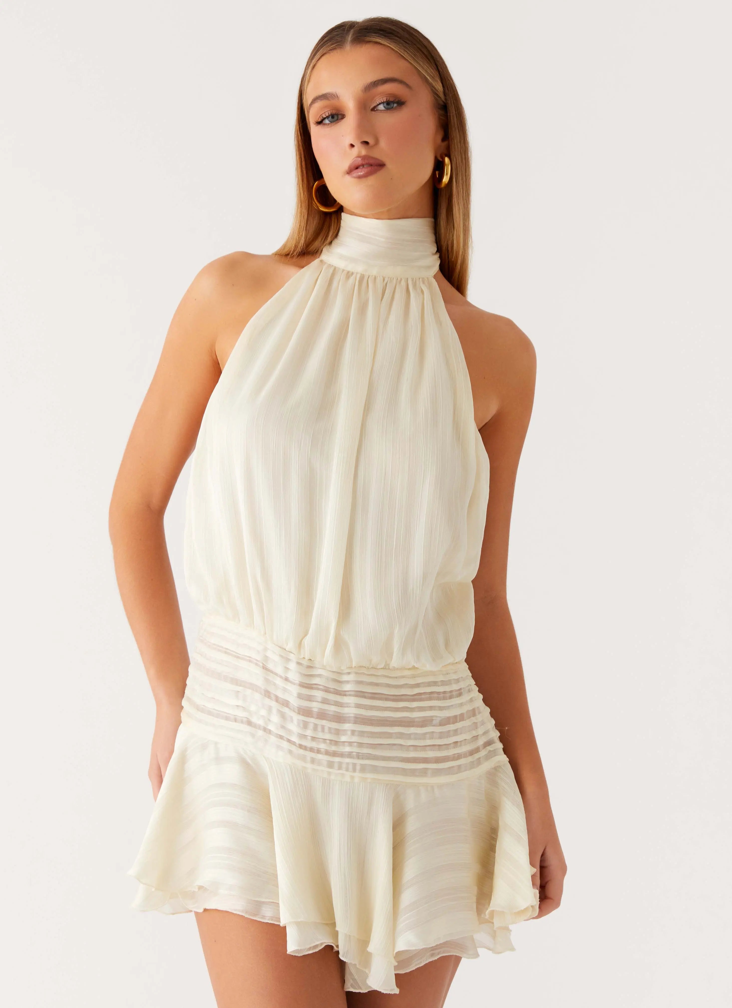 Women's Willow Collection | Women's Chiffon Mini Dress with Halter Neckline | Elegant White Cocktail Dress for Effortles 0