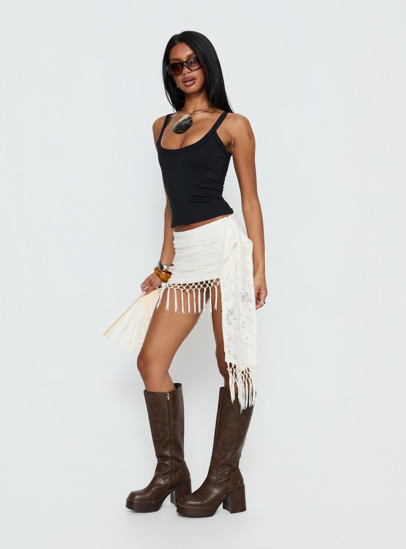 Women's Winita Macrame Tassel Mini Skirt Cream | Tassel mini skirt in macrame fabric 3