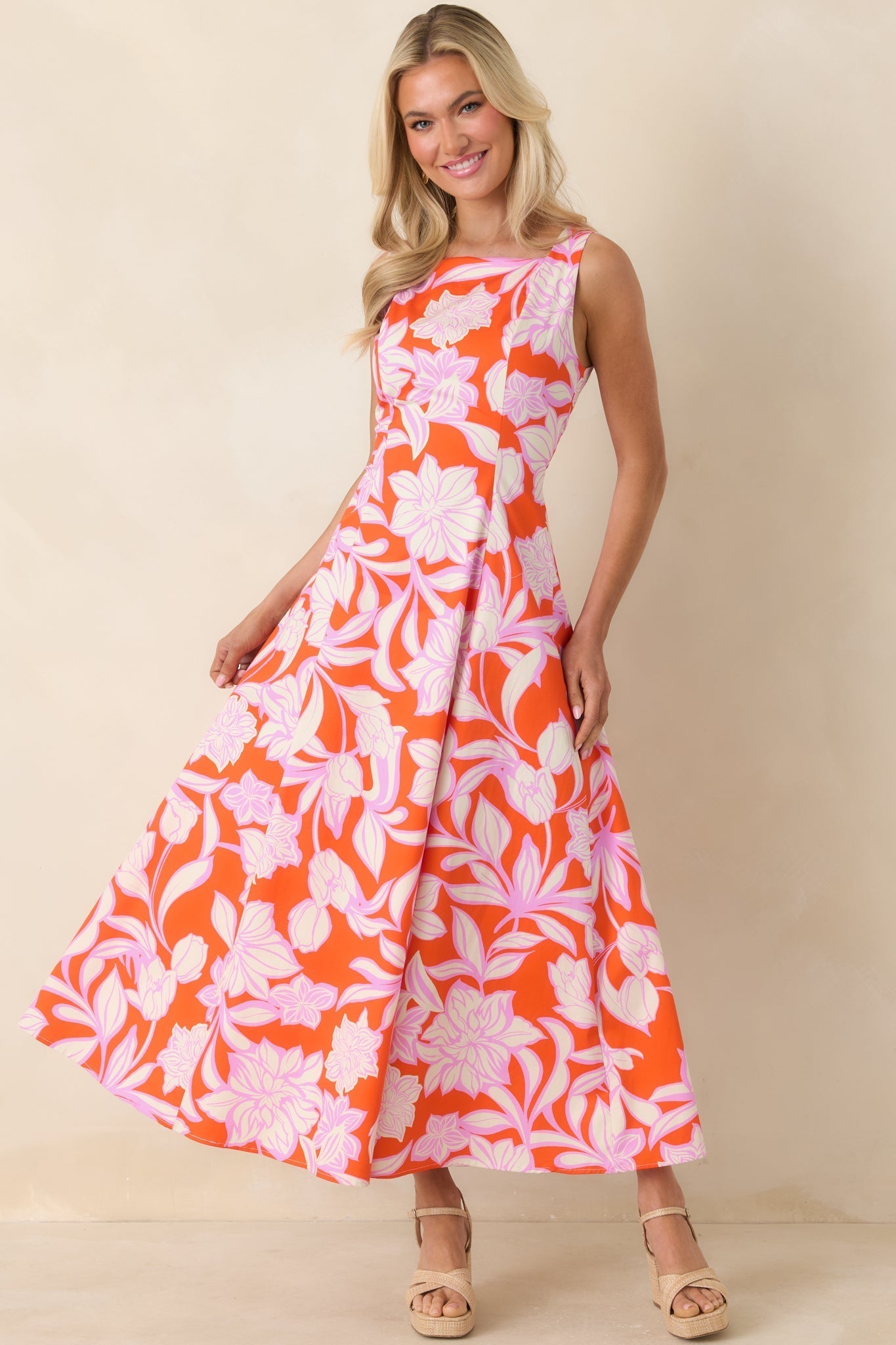 Women's Worth Showing Off Orange & Orchid Pink Floral Tie Back Maxi Dress | 100% Cotton 0