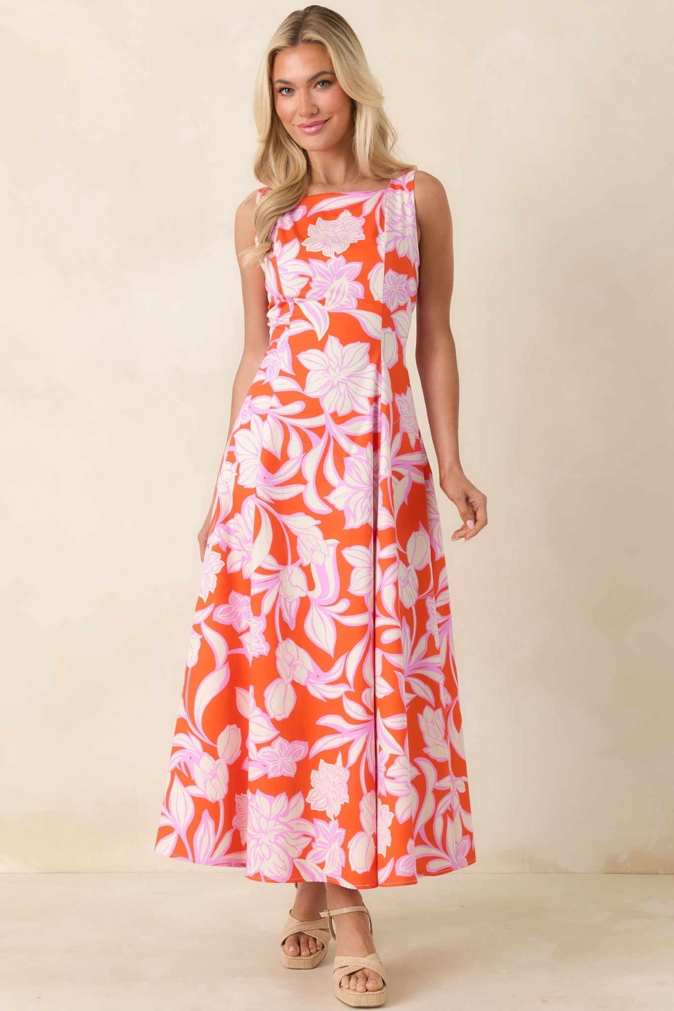 Women's Worth Showing Off Orange & Orchid Pink Floral Tie Back Maxi Dress | 100% Cotton 3