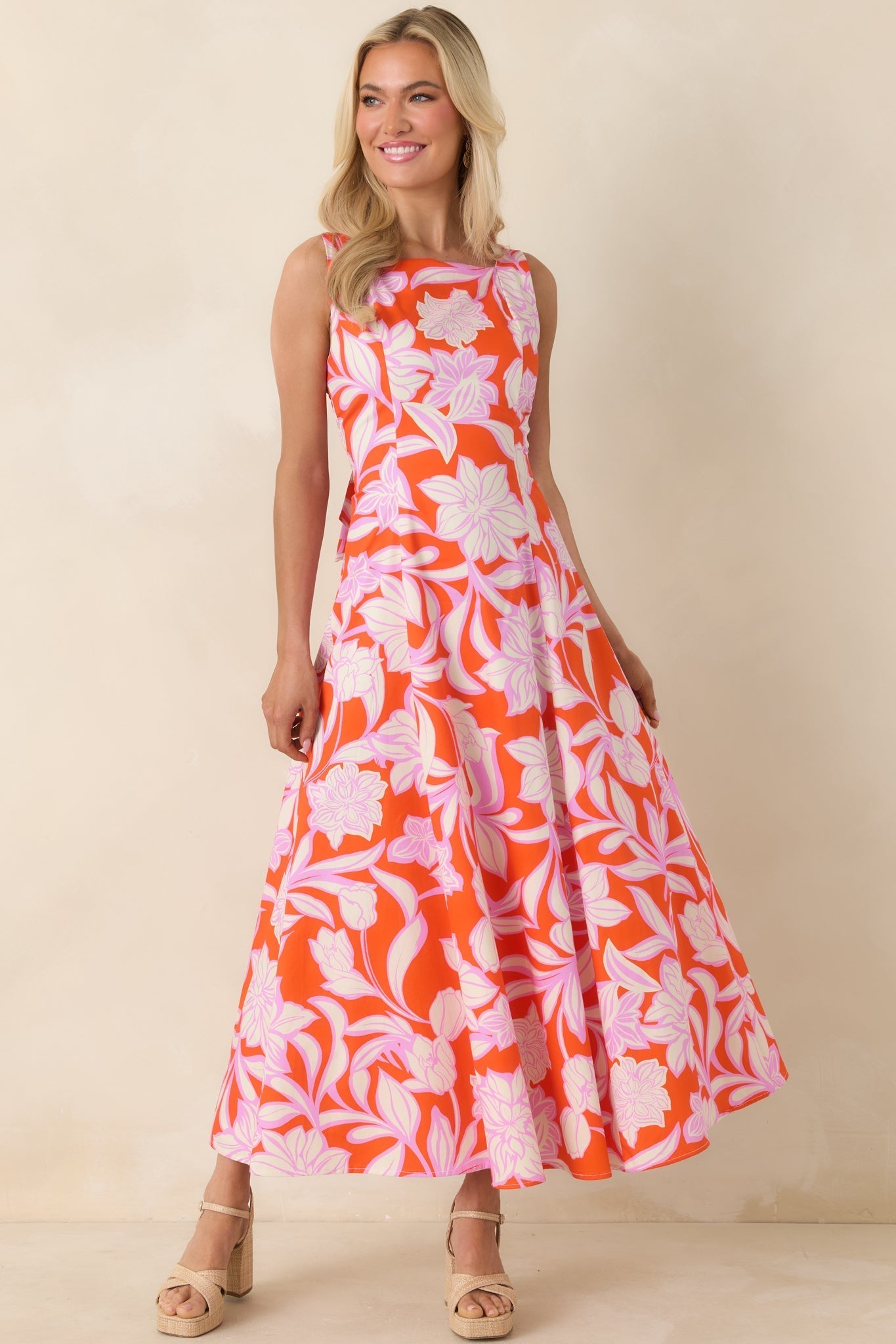 Women's Worth Showing Off Orange & Orchid Pink Floral Tie Back Maxi Dress | 100% Cotton 4