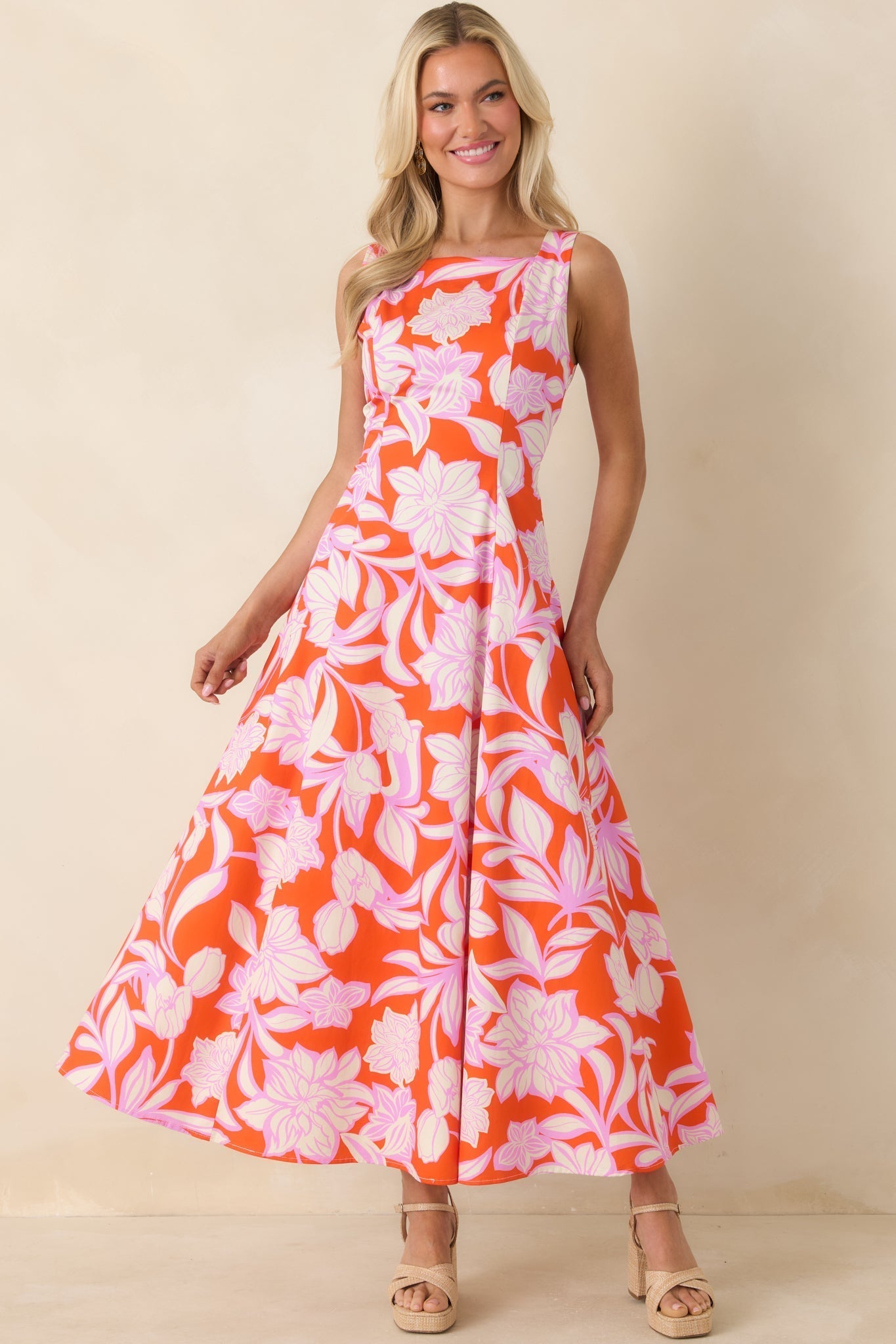 Women's Worth Showing Off Orange & Orchid Pink Floral Tie Back Maxi Dress | 100% Cotton 5