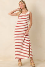 Women's Worth Talking About Red & Ivory Stripe Knit Sleeveless Maxi Dress | 56% Polyester 0