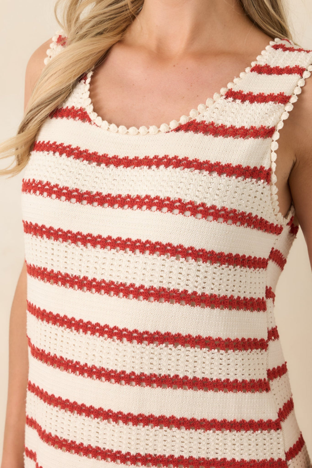 Women's Worth Talking About Red & Ivory Stripe Knit Sleeveless Maxi Dress | 56% Polyester 1