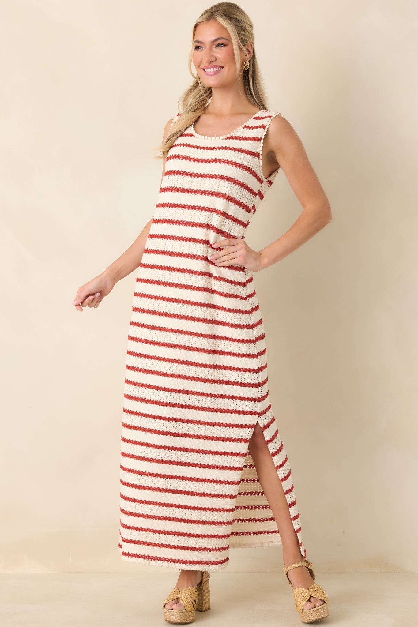 Women's Worth Talking About Red & Ivory Stripe Knit Sleeveless Maxi Dress | 56% Polyester 2