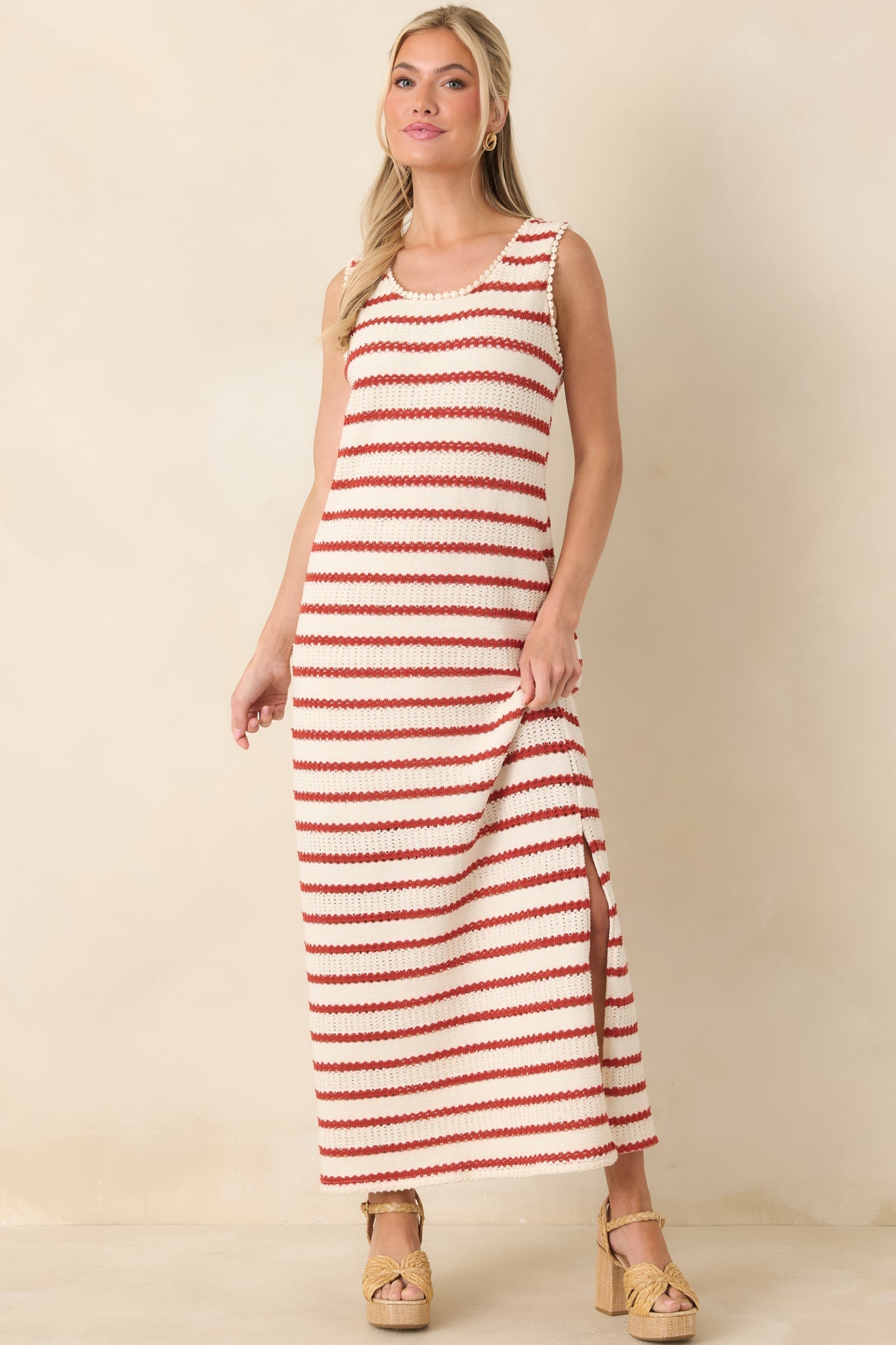 Women's Worth Talking About Red & Ivory Stripe Knit Sleeveless Maxi Dress | 56% Polyester 5