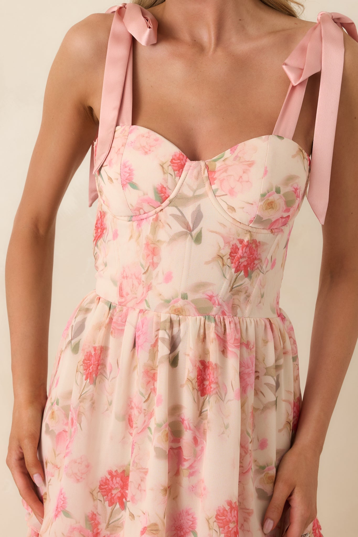 Women's Written in Flowers Coral Pink Floral Tie Strap Maxi Dress | 100% Polyester Contrast: 100% Polyester 1