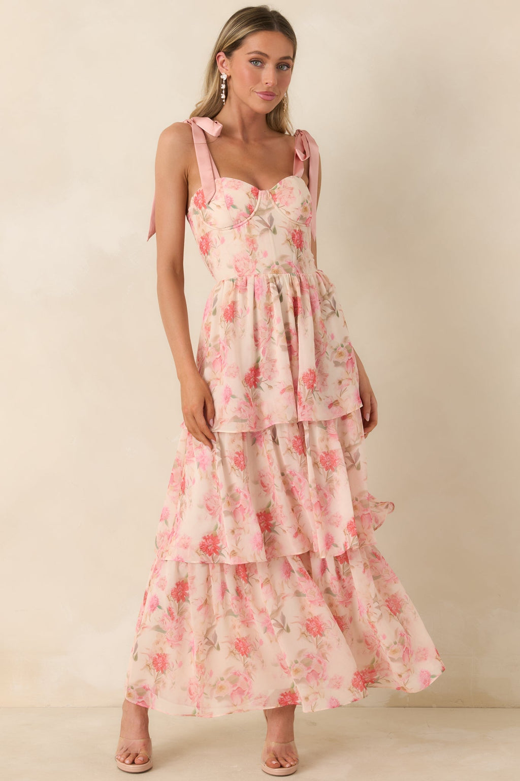 Women's Written in Flowers Coral Pink Floral Tie Strap Maxi Dress | 100% Polyester Contrast: 100% Polyester 2
