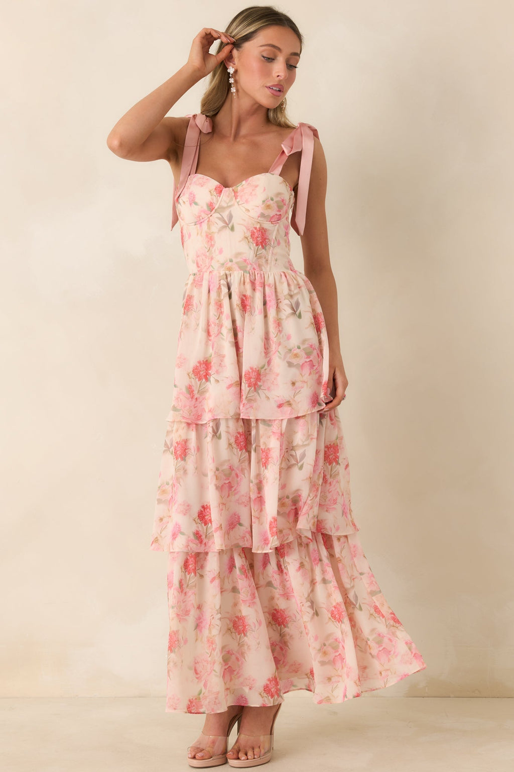 Women's Written in Flowers Coral Pink Floral Tie Strap Maxi Dress | 100% Polyester Contrast: 100% Polyester 3