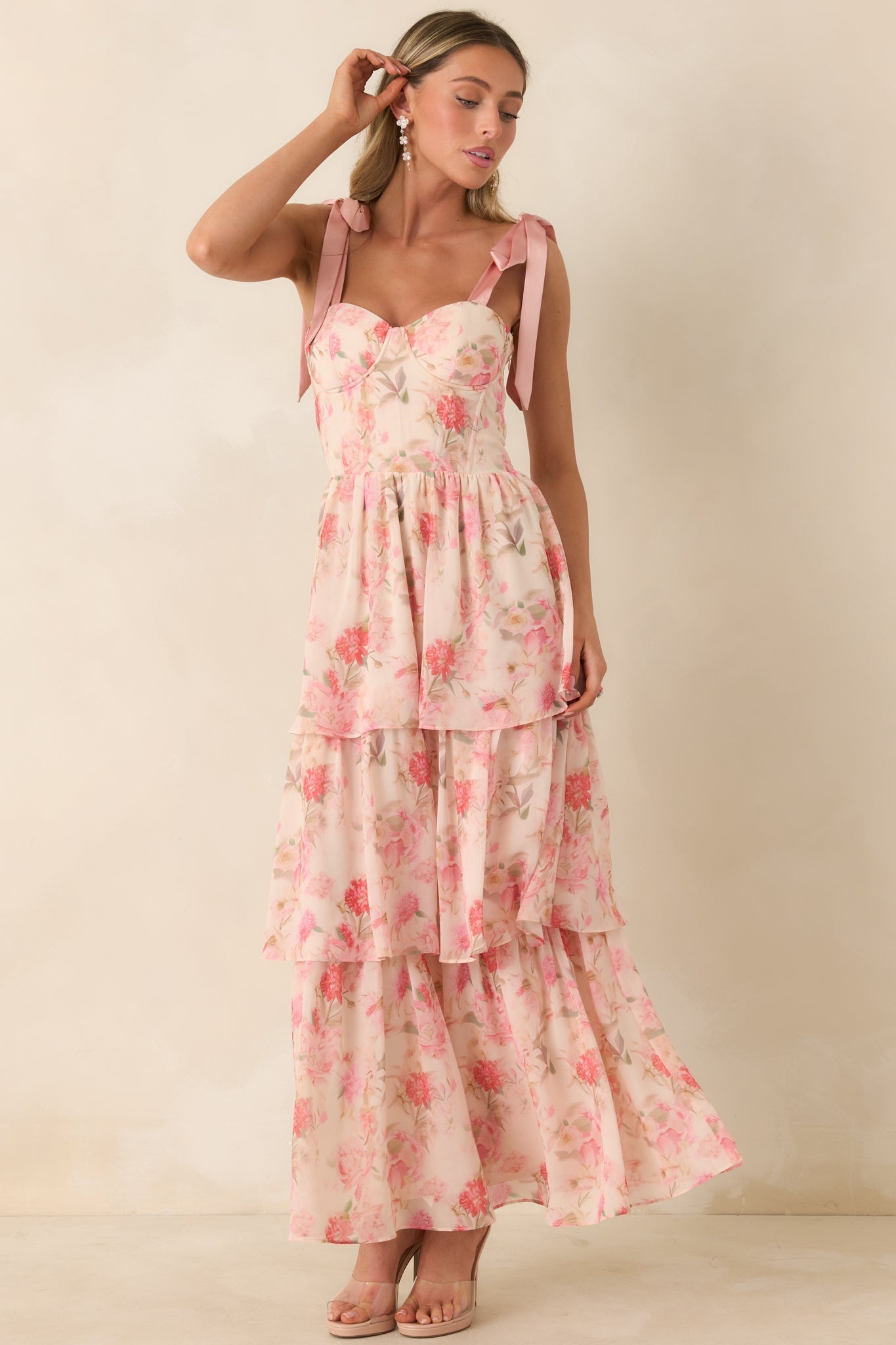 Women's Written in Flowers Coral Pink Floral Tie Strap Maxi Dress | 100% Polyester Contrast: 100% Polyester 3