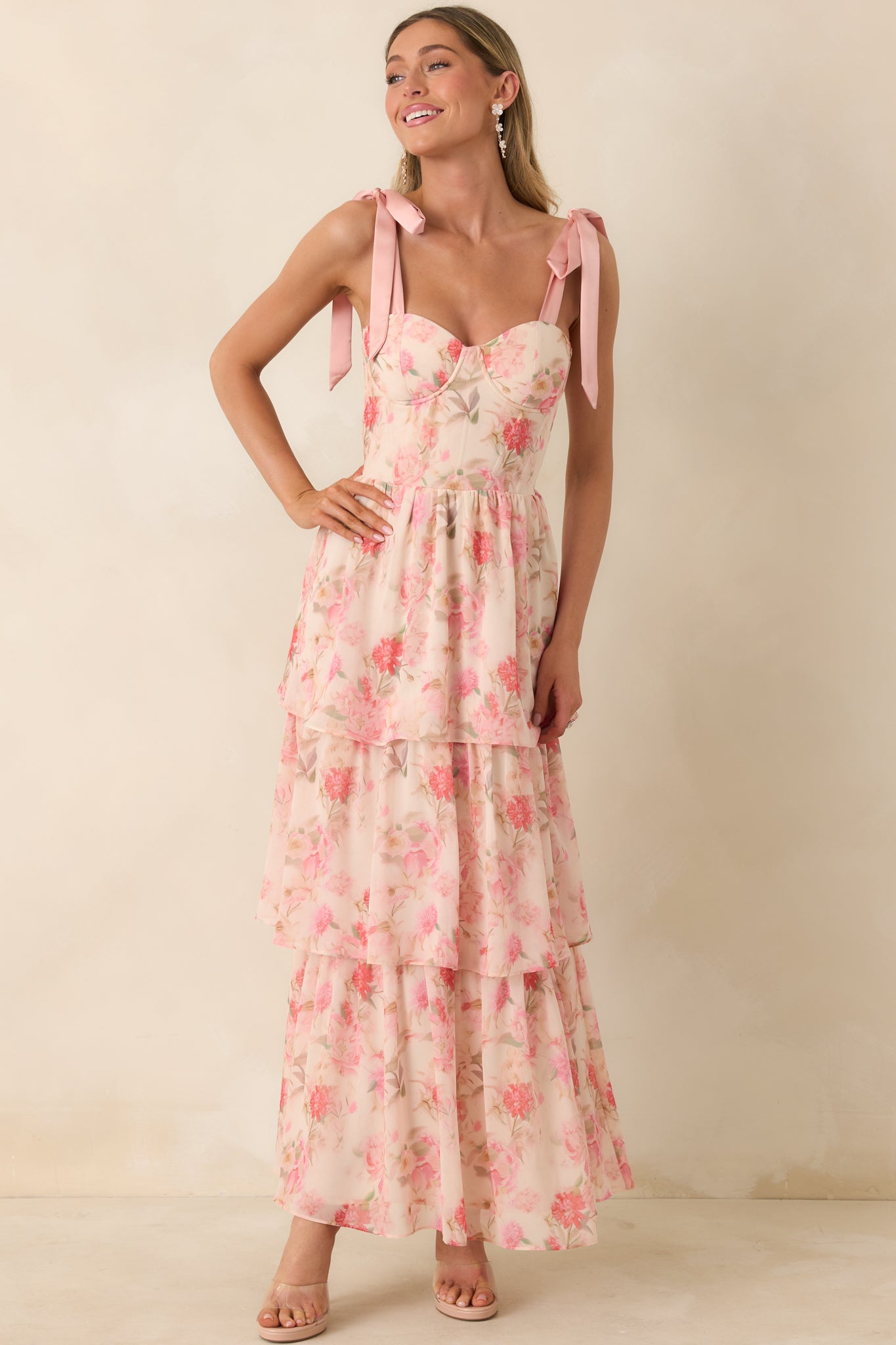 Women's Written in Flowers Coral Pink Floral Tie Strap Maxi Dress | 100% Polyester Contrast: 100% Polyester 4
