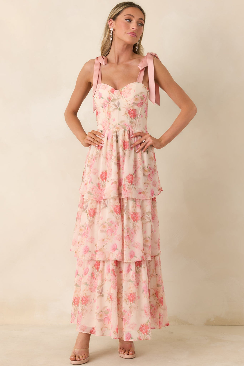 Women's Written in Flowers Coral Pink Floral Tie Strap Maxi Dress | 100% Polyester Contrast: 100% Polyester 5