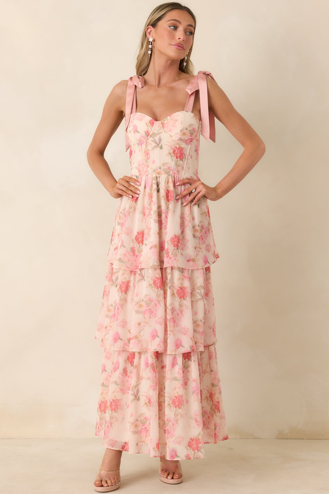 Women's Written in Flowers Coral Pink Floral Tie Strap Maxi Dress | 100% Polyester Contrast: 100% Polyester 5