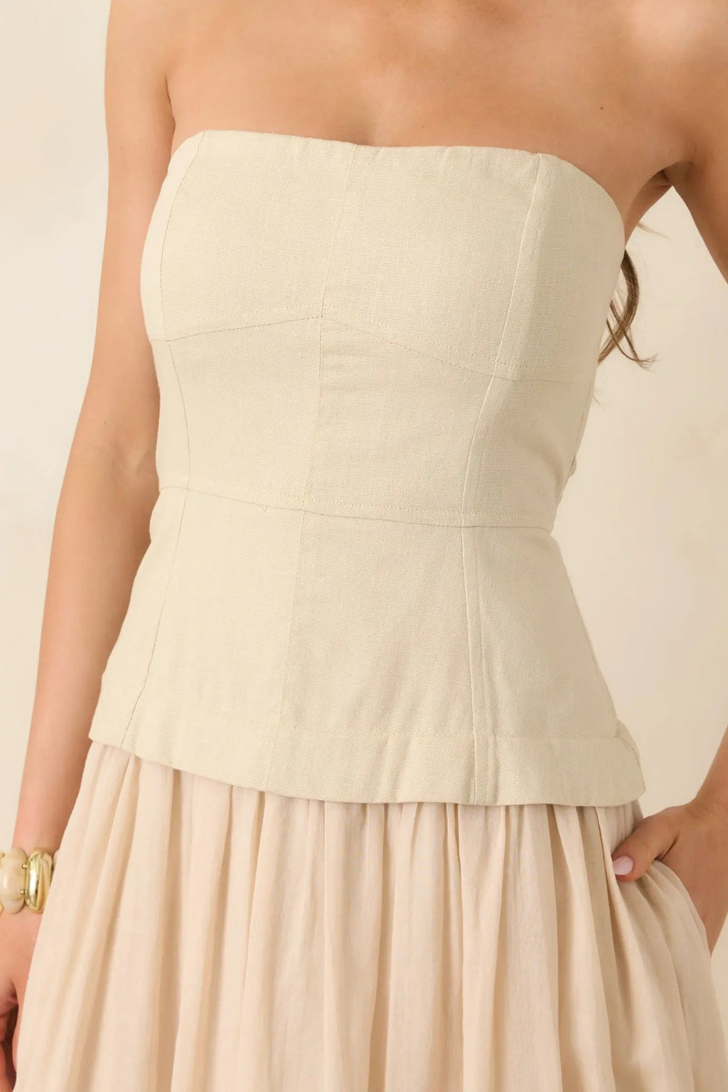 Women's You Already Know Beige Cotton Bustier Bodice Strapless Midi Dress | Shell 1: 100% Cotton 1