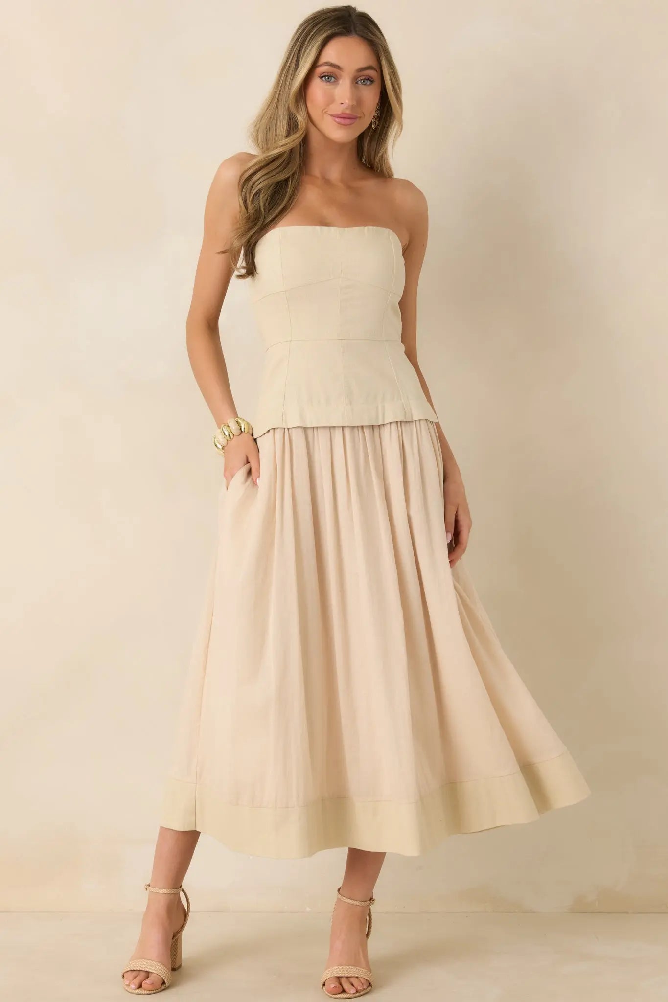 Women's You Already Know Beige Cotton Bustier Bodice Strapless Midi Dress | Shell 1: 100% Cotton 2