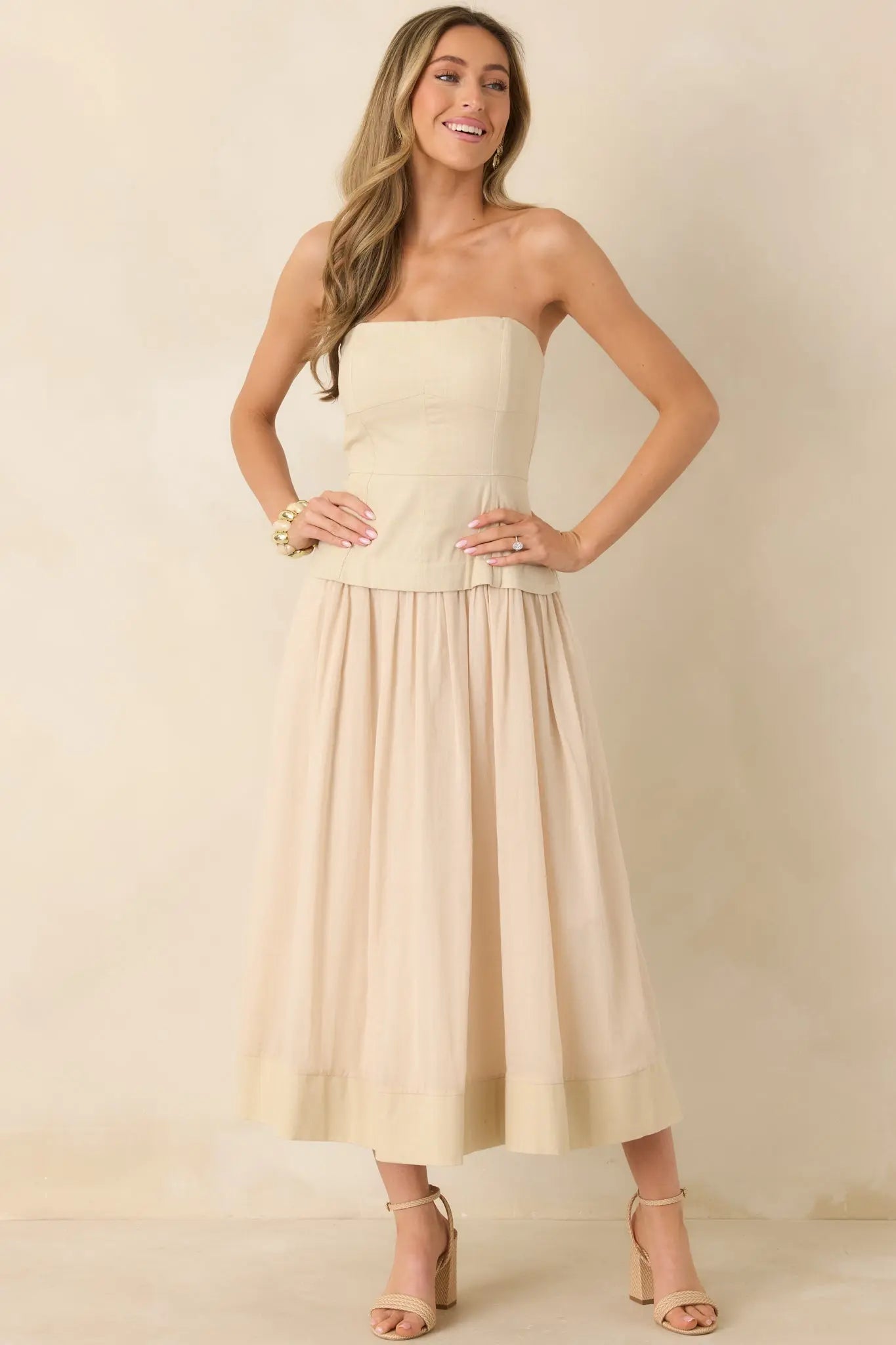Women's You Already Know Beige Cotton Bustier Bodice Strapless Midi Dress | Shell 1: 100% Cotton 3