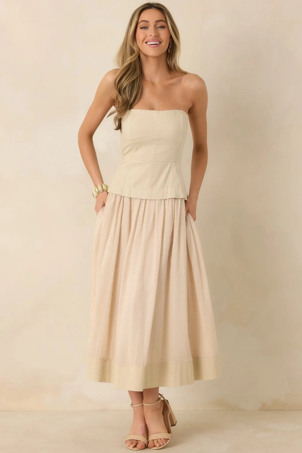 Women's You Already Know Beige Cotton Bustier Bodice Strapless Midi Dress | Shell 1: 100% Cotton 4