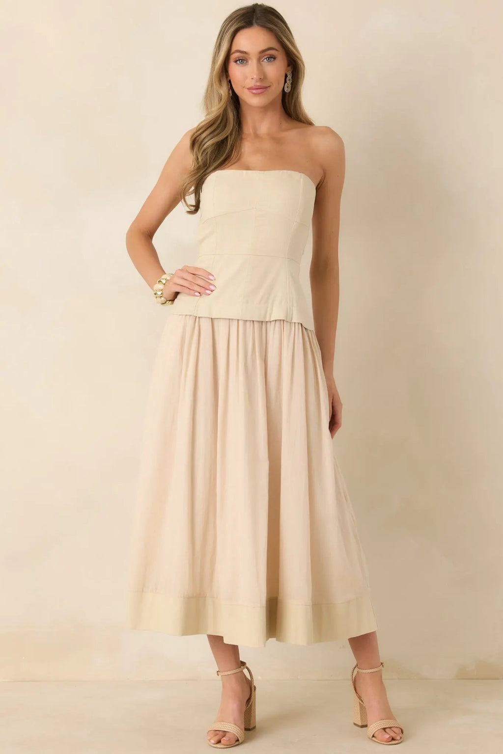 Women's You Already Know Beige Cotton Bustier Bodice Strapless Midi Dress | Shell 1: 100% Cotton 5