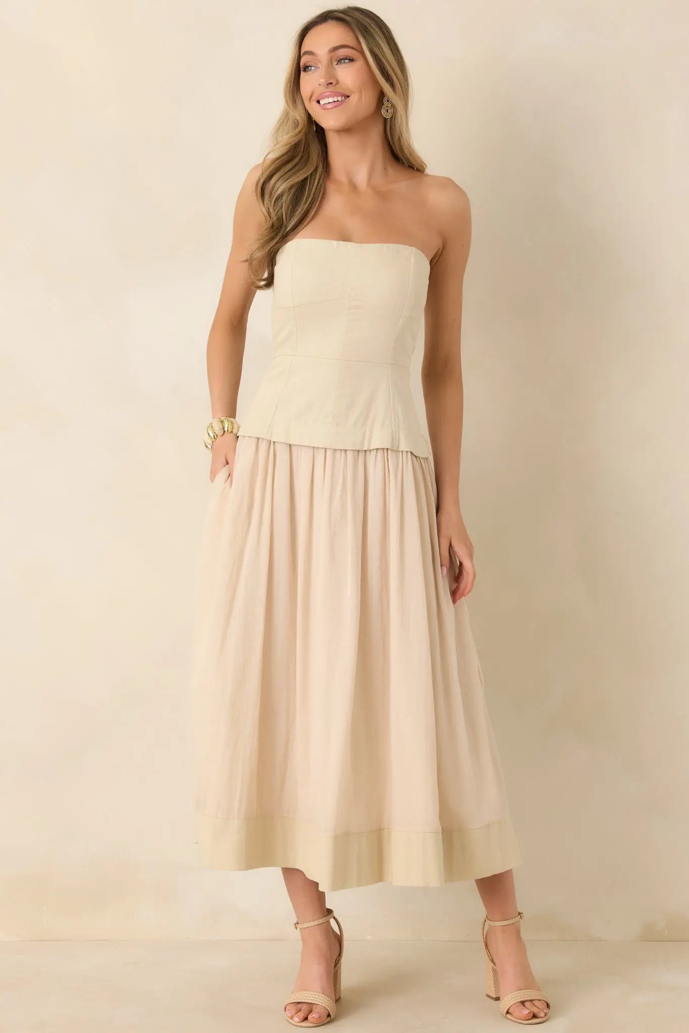 Women's You Already Know Beige Cotton Bustier Bodice Strapless Midi Dress | Shell 1: 100% Cotton 6