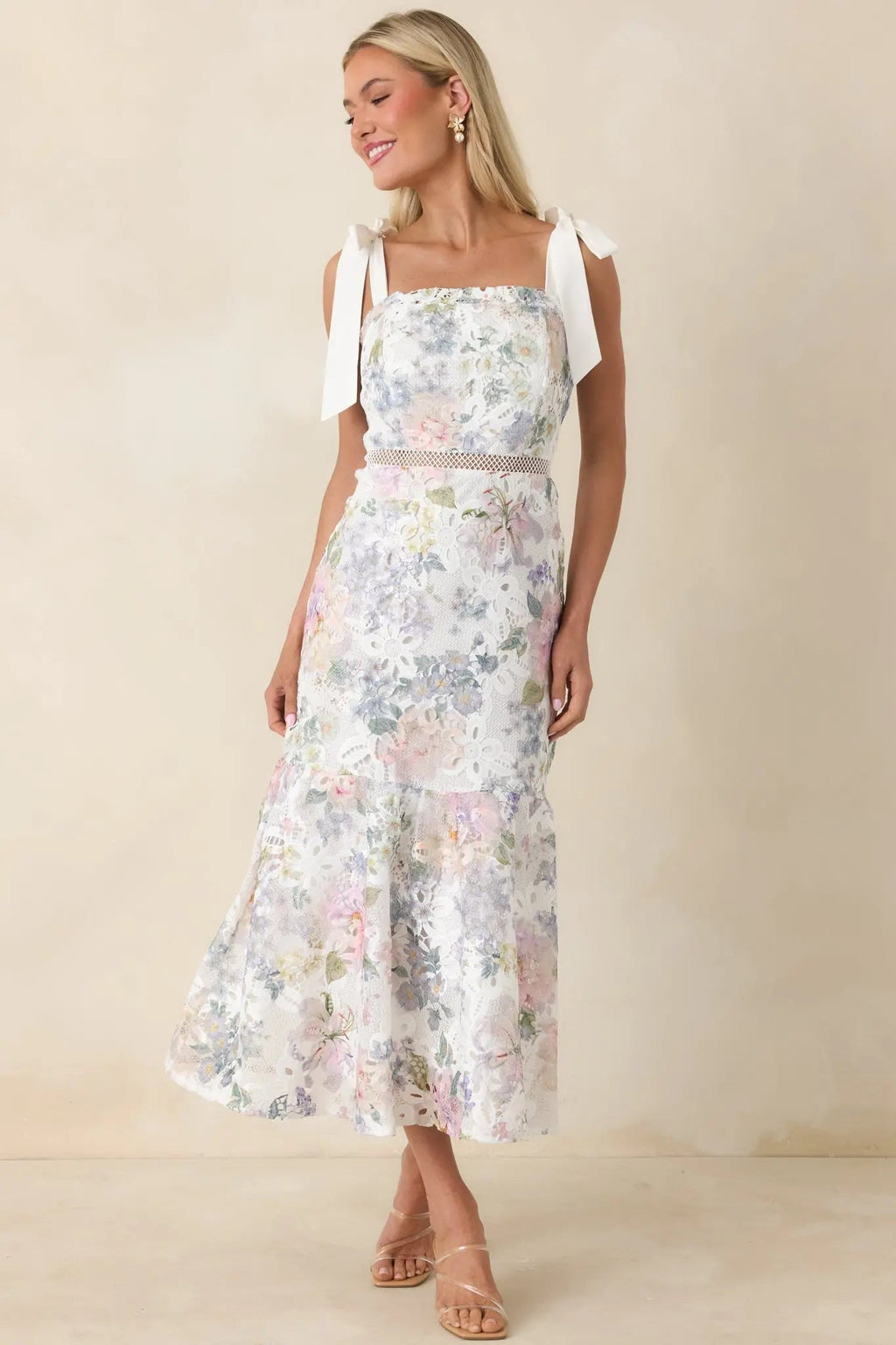 Women's You Grow Girl Ivory Lace Floral Midi Dress | 100% Polyester 0