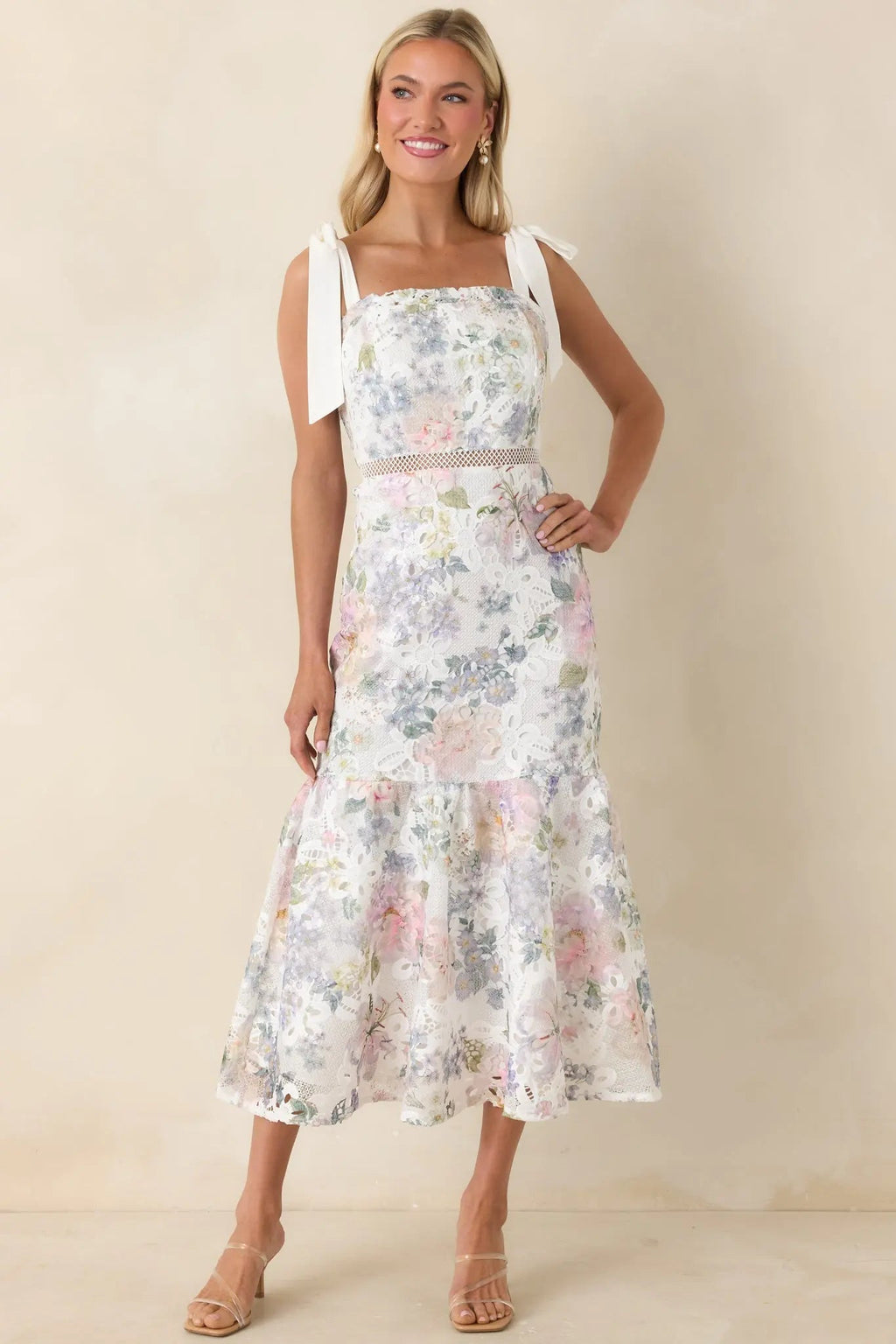 Women's You Grow Girl Ivory Lace Floral Midi Dress | 100% Polyester 6