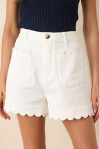 Women's You Were Saying Ivory Cotton Scalloped Trim Shorts | 97% Cotton & 3% Spandex 5