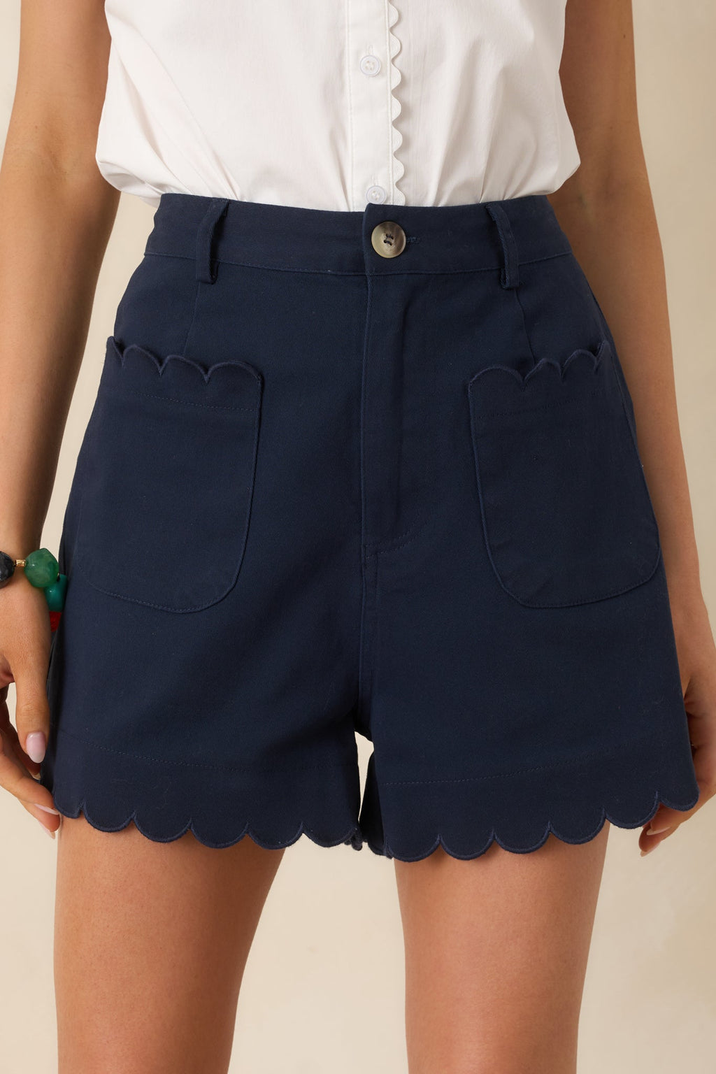Women's You Were Saying Navy Cotton Scalloped Trim Shorts | 97% Cotton & 3% Spandex 1