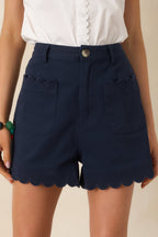 Women's You Were Saying Navy Cotton Scalloped Trim Shorts | 97% Cotton & 3% Spandex 1