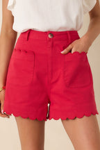 Women's You Were Saying Red Cotton Scalloped Trim Shorts | 97% Cotton & 3% Spandex 0