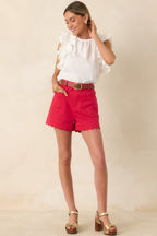 Women's You Were Saying Red Cotton Scalloped Trim Shorts | 97% Cotton & 3% Spandex 3