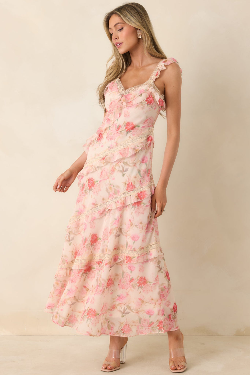 Women's Yours Always Coral Pink Floral Lace & Ruffle Trim Midi Dress | 100% Polyester 0