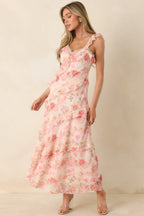 Women's Yours Always Coral Pink Floral Lace & Ruffle Trim Midi Dress | 100% Polyester 0
