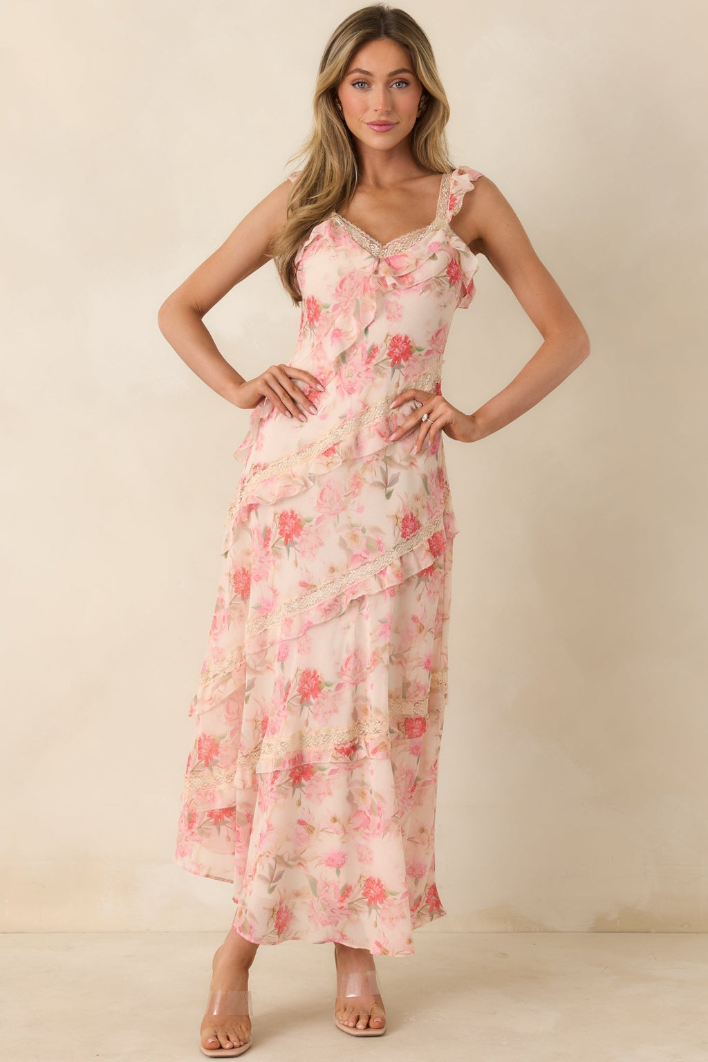 Women's Yours Always Coral Pink Floral Lace & Ruffle Trim Midi Dress | 100% Polyester 1