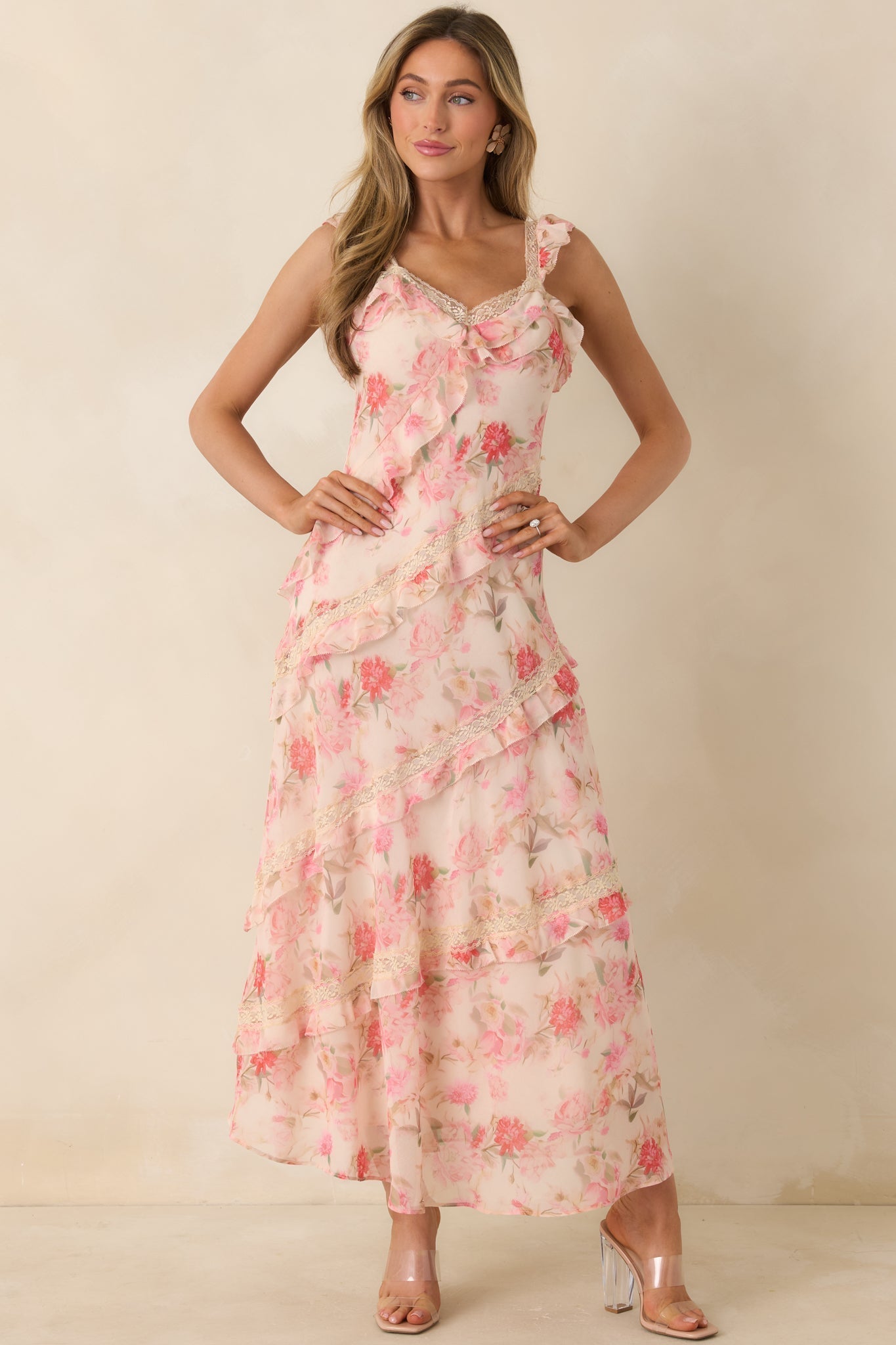 Women's Yours Always Coral Pink Floral Lace & Ruffle Trim Midi Dress | 100% Polyester 3