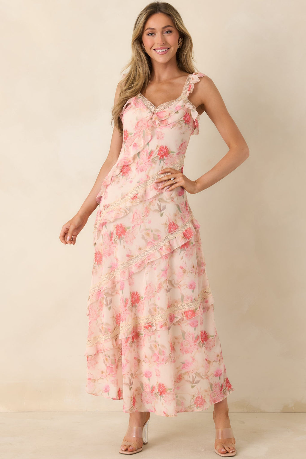 Women's Yours Always Coral Pink Floral Lace & Ruffle Trim Midi Dress | 100% Polyester 4