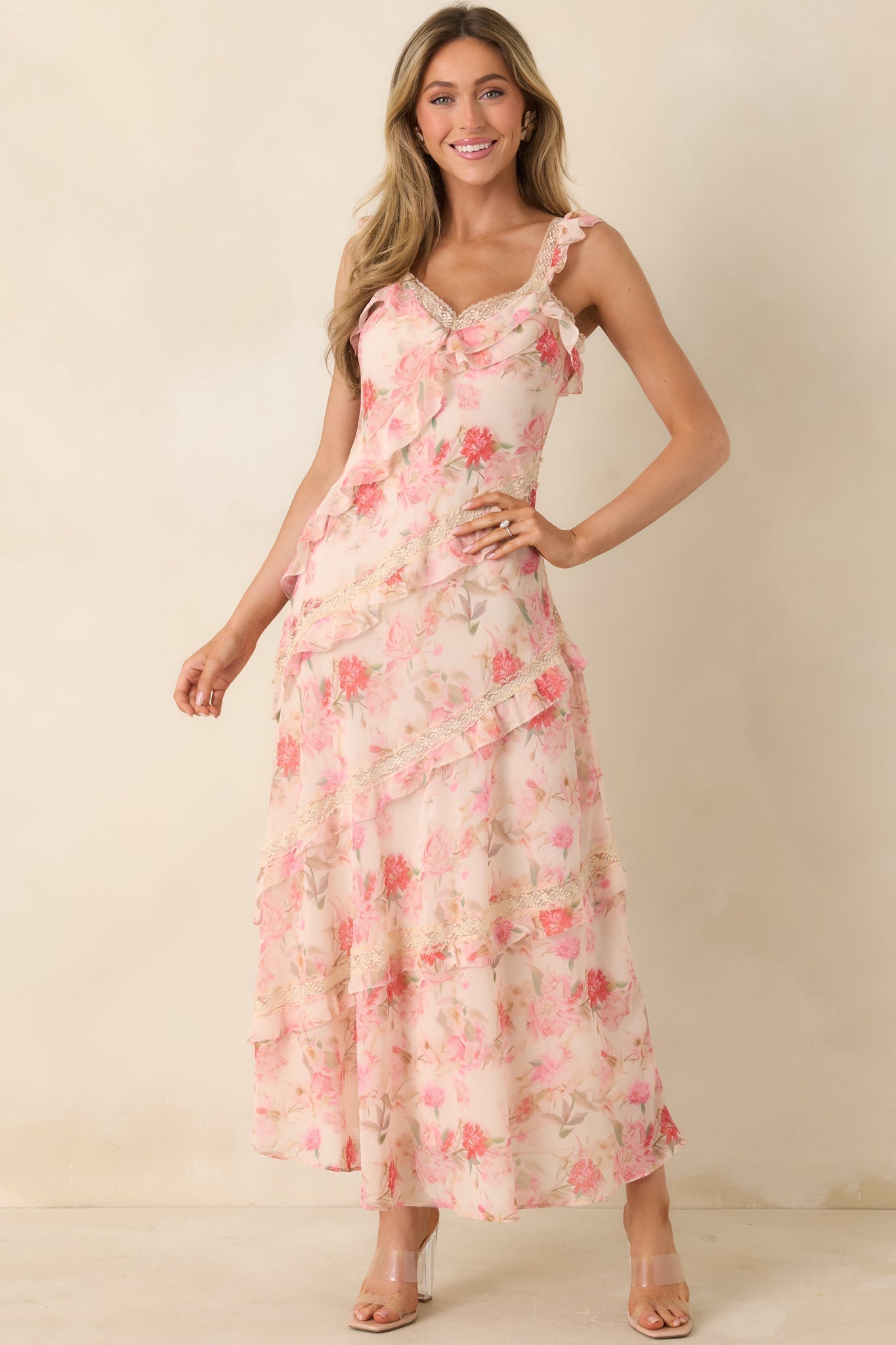 Women's Yours Always Coral Pink Floral Lace & Ruffle Trim Midi Dress | 100% Polyester 4